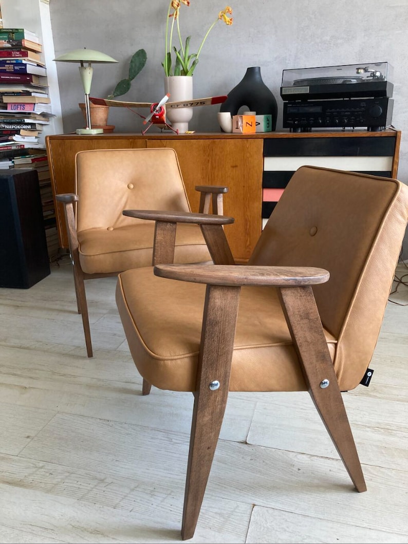 Original 366 chair from 1960s covered in genuine Italian leather. Designed by J. Chierowski image 2