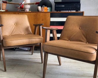 Mid-Century Armchair, Józef Chierowski Design, Italian Leather, Walnut Stain