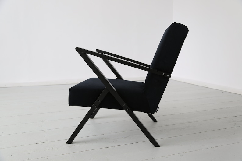 Original midcentury polish armchair from the 60's in black velvet and black wooden frame image 3