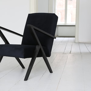 Original midcentury polish armchair from the 60's in black velvet and black wooden frame image 1