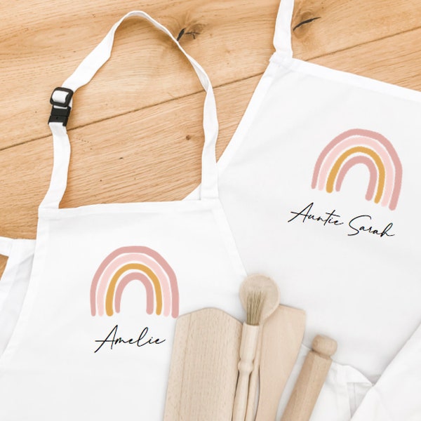 Kids personalised rainbow apron, mini me, daddy, mummy, gift, mothers day, birthday, baking, party present, wooden, scandi, star baker