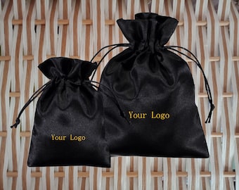 200 Pcs  Jewelry Pouches With Personalized Logo,Black Satin Pouches For Necklace,Smooth Jewelry Bags Print Color Golden Or Silvery,Silk Bags