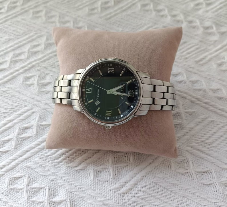 May include: A silver Citizen Eco-Drive watch with a black face and silver hands. The watch has Roman numeral hour markers and a date window at the 3 o'clock position.