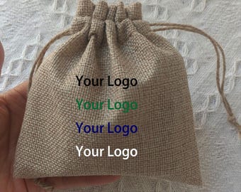 100 Pcs Personalized Jute Favor Bags, Custom Logo Burlap Pouches