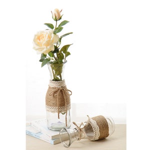 Rustic Glass Bottle Flower Bud Vase with Jute Rope  And Lace Decor,2 Pcs Different Size Pack,Christmas Home Decor Glass Bottle For Plants