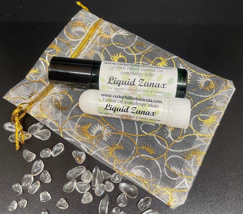Calming and soothing, Reiki crystal infused essential oil aromatherapy set.