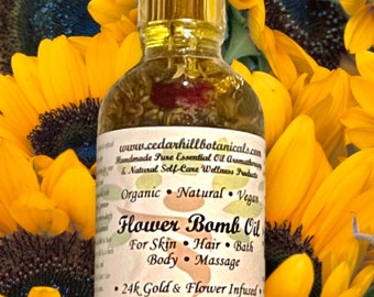 Flower Bomb Oil, 24 Karat Gold and Floral Infused Oil, For Body, Hair, Bath, Massage, Self Care Essentials, Cedar Hill Botanicals