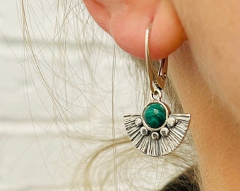 Silver Earrings with Malachite, Art Deco style dangle earrings, Sterling silver 925 earrings for women, Gift for Her, Silver Stone Jewelry