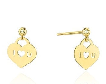 Heart Dangle Studs, Diamond Earrings, Gold Earrings, Gold Heart Studs, Dainty Diamond Studs, Diamond Earrings, Diamond jewelry, Gift for Her