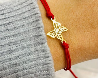 Butterfly gold bracelet on red string Gold butterfly jewelry Gift for Her for Valentines Day, Gold bracelet butterfly bracelet red string