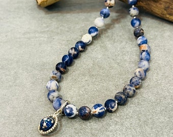 Sodalite Necklace For Women • Denim Blue Stone Beaded Necklace • Earth Necklace • Planet Earth • Earth Pendant • Matte Sodalite Necklace
