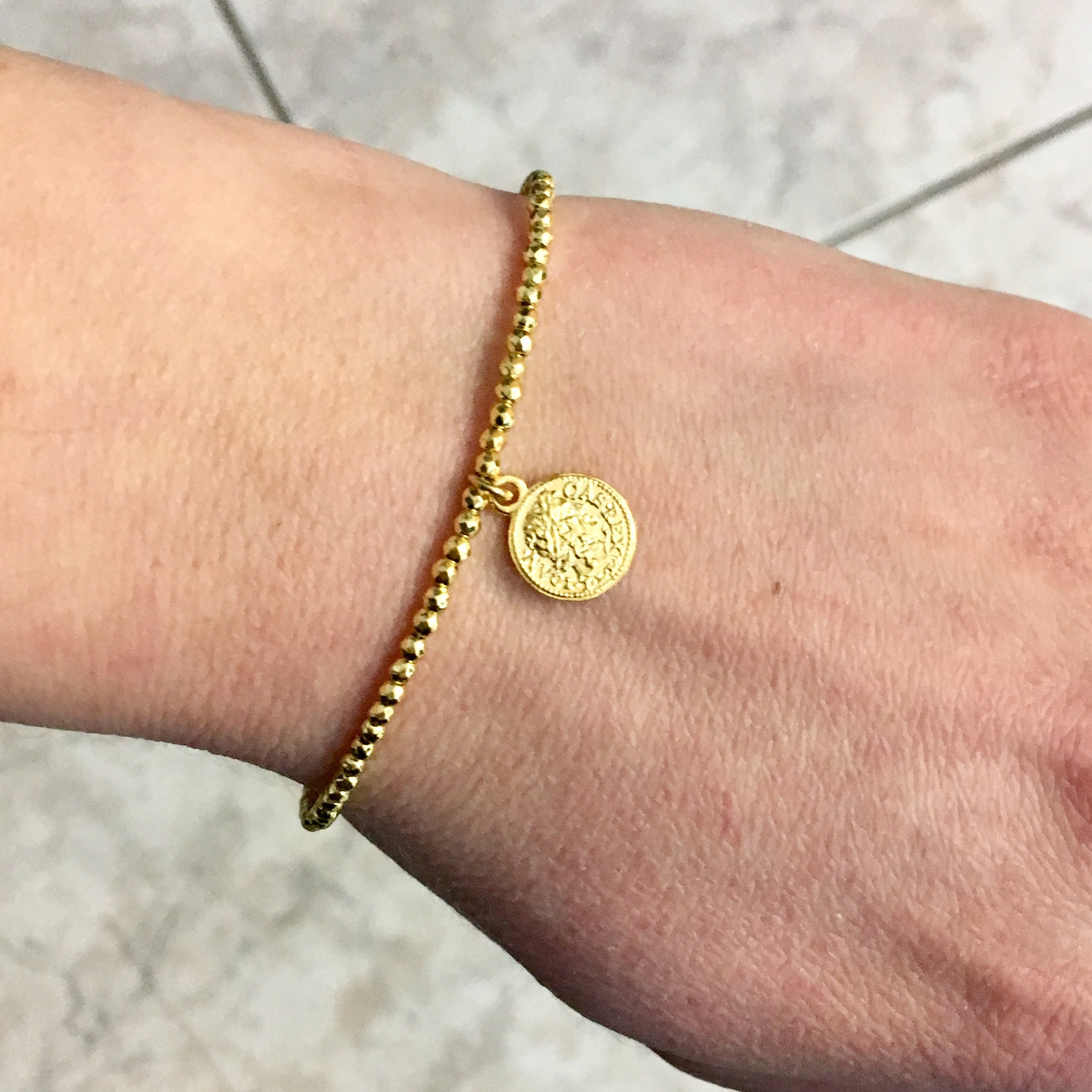 Coin Bracelet Gold Plated Coin Charm Beaded Bracelet Charm Etsy