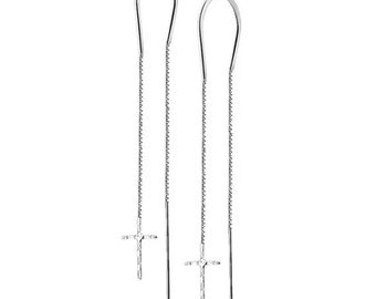 Silver Threader Cross, Long Earrings,   Cross Threader Earrings, Threaders with cros,  Earrings, Threaders, Chain Earrings, Dainty Earrings,