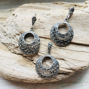 Silver set, silver earrings, silver pendant, silver earrings,  jewelry, oxided silver, round pendant, big pendant, jewelry parure, marcasite