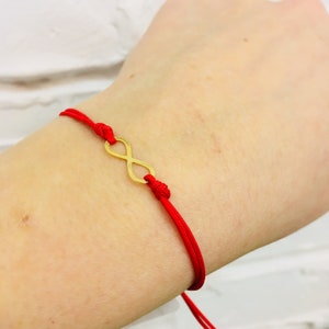 Infinity gold string bracelet women, adjustable handmade, solid gold 14k, charm string bracelet, red string gold, infinity, good luck gift