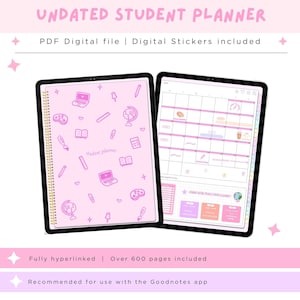 Pode incluir: Um planner digital para estudantes rosa com uma capa que apresenta uma variedade de ilustrações com tema escolar. O planner está aberto para uma visualização de calendário mensal com um esquema de cores rosa e branco. O texto "Class trip - 15th June!" é visível na página. O planner é totalmente hiperligado e inclui mais de 600 páginas. É recomendado para uso com o aplicativo Goodnotes.