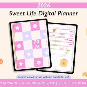 May include: A digital planner for 2026 with a pink and purple checkered cover, featuring stars and smiley faces. The planner includes a calendar view and is designed for use with the Goodnotes app. The words "Sweet Life Digital Planner" are at the top.