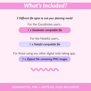 Op de afbeelding: Een roze en witte afbeelding met de tekst "Wat is inbegrepen?" geeft drie bestandstypen weer voor digitale planning: Goodnotes, Noteful en PNG-afbeeldingen. De onderkant van de afbeelding luidt "GOODNOTES, PNG + NOTEFUL FILES INCLUDED!"