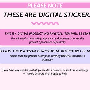 Op de afbeelding: Een roze en witte digitale productaankondiging met de tekst "PLEASE NOTE" en "THESE ARE DIGITAL STICKERS". De afbeelding geeft aan dat dit een digitaal product is, dat er geen fysiek item wordt verzonden en dat er geen restitutie wordt verleend.