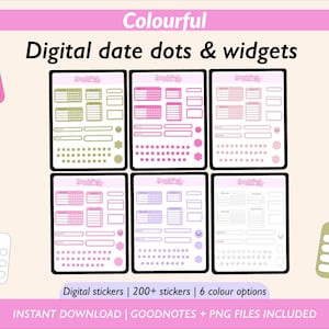 Puede incluir: Puntos de fecha y widgets digitales coloridos. La imagen muestra seis plantillas de planificador digital con varios diseños, incluyendo calendarios, listas de tareas y rastreadores de hábitos. El texto dice "Digital stickers | 200+ stickers | 6 opciones de color".