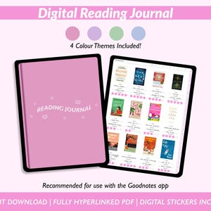 May include: A pink digital reading journal template with the text "READING JOURNAL" in white. The template is designed for use with the Goodnotes app. The image also shows a preview of the journal with book covers and ratings.