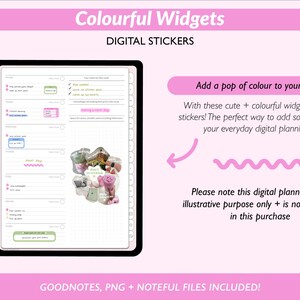 Op de afbeelding: Digitale stickers met de titel "Colourful Widgets" op een roze achtergrond. De afbeelding toont een digitale planner met kleurrijke widget stickers. Tekst op de afbeelding zegt "Voeg een vleugje kleur toe aan je plannen!" en "GOODNOTES, PNG + NOTEFUL FILES INCLUDED!"