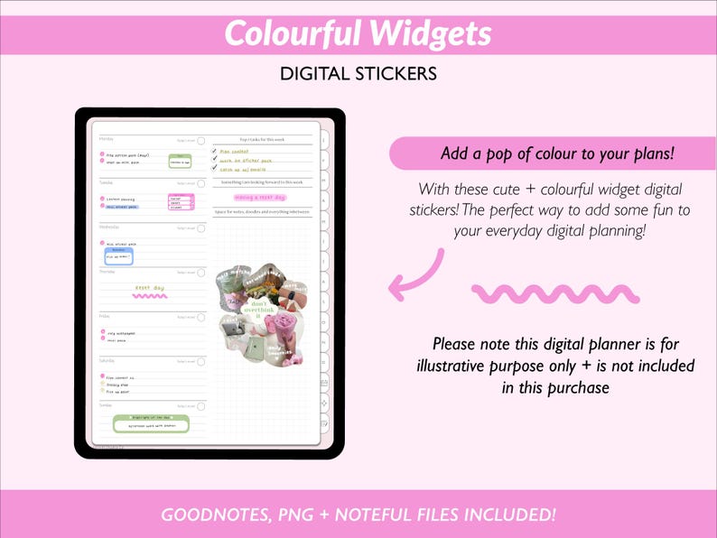 Op de afbeelding: Digitale stickers met de titel "Colourful Widgets" op een roze achtergrond. De afbeelding toont een digitale planner met kleurrijke widget stickers. Tekst op de afbeelding zegt "Voeg een vleugje kleur toe aan je plannen!" en "GOODNOTES, PNG + NOTEFUL FILES INCLUDED!"