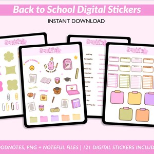 May include: Digital stickers for back to school, featuring a variety of cute illustrations and shapes. The stickers are displayed on digital tablets, with text that reads "Back to School Digital Stickers" and "Instant Download."