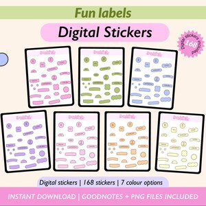 以下が含まれることがあります： 「Fun labels」と「Digital Stickers」のテキストが入ったデジタルステッカーセット。ピンク、緑、青、紫、オレンジ、黄色など、さまざまな形と色の7枚のステッカーシートが表示されています。「weekly goals」や「today」などのテキストが入った追加のステッカーも含まれています。
