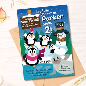Penguin Birthday Invitation EDITABLE Printable/ Penguin Winter Wonderland Party Invitation Printable