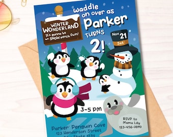 Penguin Winter Wonderland Birthday Invitation (Editable Printable)