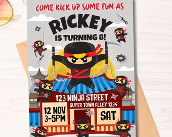 May include: A birthday invitation for a boy named Rickey turning 8. The invitation features a cartoon ninja in a black suit with a red headband and a yellow moon in the background. The text reads "Come kick up some fun as Rickey is turning 8!" and includes the date, time, and location of the party.