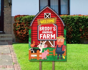 May include: Red barn-shaped welcome sign with the text "Welcome Brody's Animal Farm". The sign features a cartoon farmer, cow, pig, and chickens.