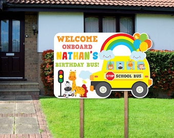 Wheels on the Bus Party Yard Sign/ Yellow School Bus Birthday Party Decorations Yard Sign Editable Printable