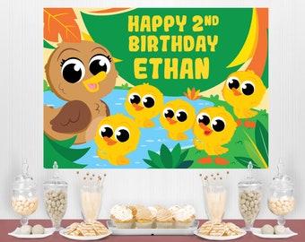 May include: A green and yellow birthday banner with a brown bird and yellow chicks. The banner says "Happy 2nd Birthday Ethan".