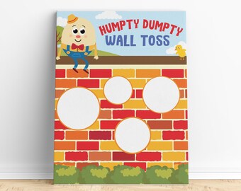 Puede incluir: Un tablero de juego imprimible para un juego de lanzamiento de pared con temática de Humpty Dumpty. El tablero presenta una imagen de dibujos animados de Humpty Dumpty en una pared de ladrillos con cuatro círculos en blanco para que los jugadores lancen objetos. El texto "Humpty Dumpty Wall Toss" está impreso en la parte superior del tablero.