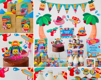 Può includere: Un tema colorato per una festa di compleanno con una torta al cioccolato, cupcake, sacchetti regalo e decorazioni. Il tema comprende personaggi dei cartoni animati, pistole ad acqua e disegni di anguria e ananas. Il testo include "Happy Birthday Keith" e "Keith's Water Park".