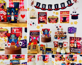 Könnte beinhalten: Ein Zauberer-Geburtstagsparty-Set mit roten, weißen und schwarzen Dekorationen. Das Set beinhaltet eine Torte, Cupcakes, Partygeschenke und ein Banner mit der Aufschrift "Julius".