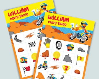 May include: A yellow and orange printable bingo card with the text "William Party Bingo" at the top. The card features images of motocross riders, dirt bikes, checkered flags, rocks, and other motocross-themed images.