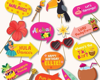 Luau Party Photo Props Printable, Hawaiian Photobooth (Editable Texts)