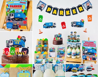 May include: A birthday party setup with a garbage truck theme. Decorations include a banner with the name "Parker", a cake with a garbage truck topper, cupcakes with garbage truck toppers, and favor bags with garbage truck designs. The party is for a child turning three years old.