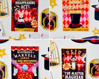 May include: A set of eight printable party decorations for a magic show themed party. The decorations feature red and white diamond patterns, stars, and text that reads "The Legendary Disappearing Act!" "The World's Greatest Magic Show!" "Mysterious Marvels. The Most Spectacular Magician in History!" and "Julius. The Master Magician."