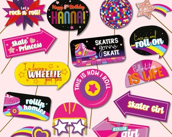 May include: A set of 12 colorful photo booth props featuring roller skate and disco ball designs. The props include phrases like "Let's rock n' roll!" and "Rollerskating is life!" 
