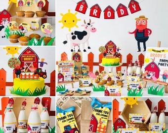 Op de afbeelding: Boerderijthema feestdecoratieset met rode schuren, een koe, een varken, een tractor en een zon. De set bevat een banner met de tekst "Brody" en een welkomstbord met de tekst "Welkom op Brody's boerderijfeest".