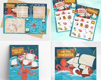 Kraken Birthday Party Games Kit: Bingo, Toss, Pin Tail (Printable)