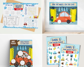 May include: A car wash party games and activities kit. Includes a tic-tac-toe game, a word search, a 'Pin the Wheel on the Car' game, a 'Dirt Toss' game, and two bingo cards. The kit features car wash-themed graphics and the text "GAMES & ACTIVITIES KIT".