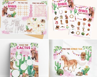 Cowgirl Party Games | Horse Birthday, 4-in-1 Printable Kit (Editable)
