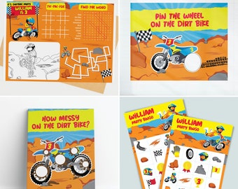 May include: A colorful games and activities kit featuring a dirt bike theme. Includes a tic-tac-toe game, word search, coloring page, and a 'Pin the Wheel on the Dirt Bike' game. Also includes two 'William Party Bingo' cards. The kit is designed for a birthday party.
