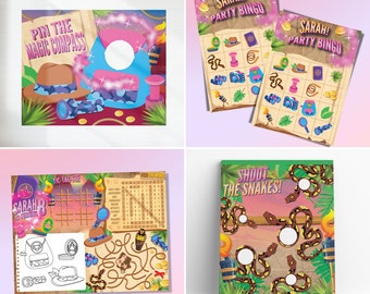 May include: A set of printable games and activities for a jungle-themed party. The games include "Pin the Magic Compass", "Party Bingo", "Tic-Tac-Toe", "Find the Word", and "Shoot the Snakes".
