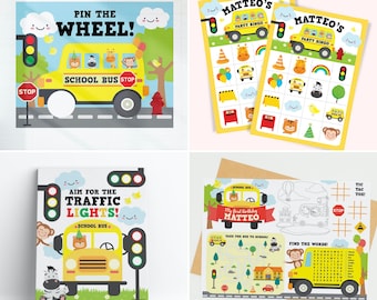 Wheels on the Bus Party Games Kit: Bingo, Coloring, Toss (Printable)
